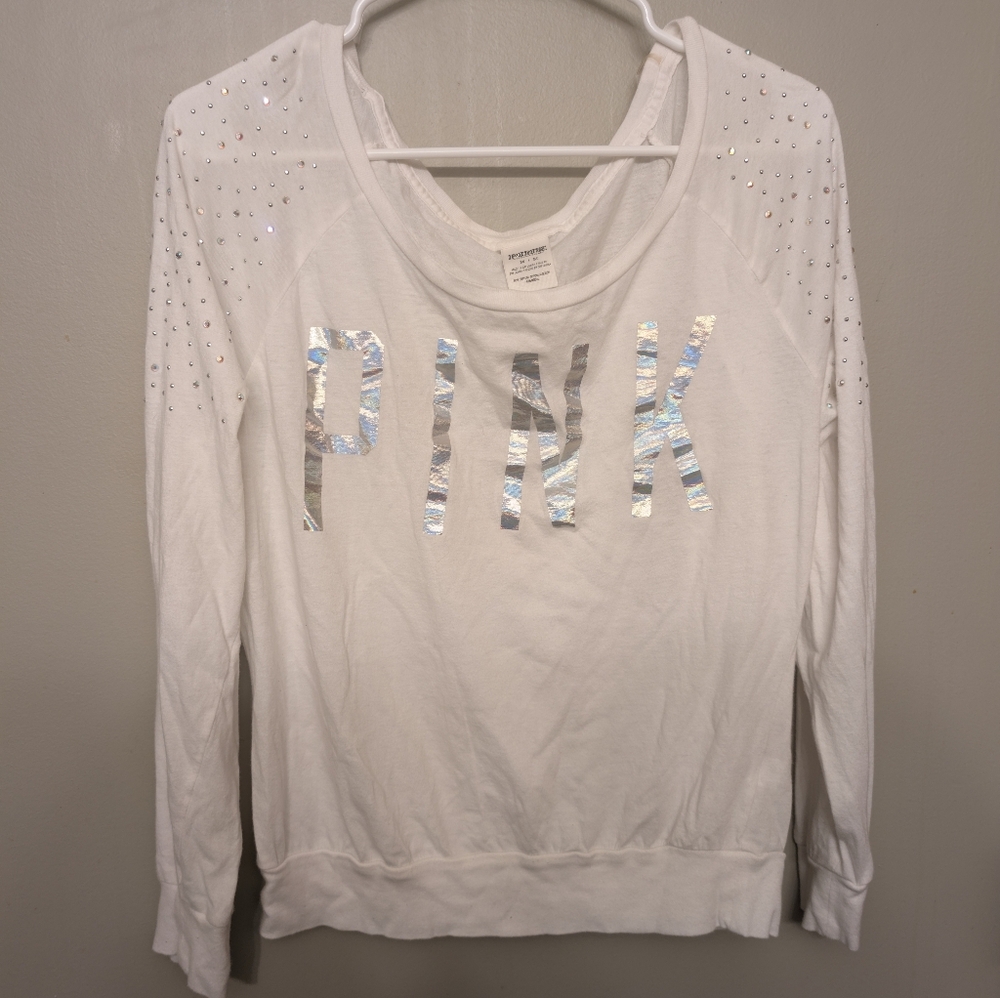 PINK Victoria’s Secret Holographic Rhinestone Logo Long Sleeve Tee Shirt